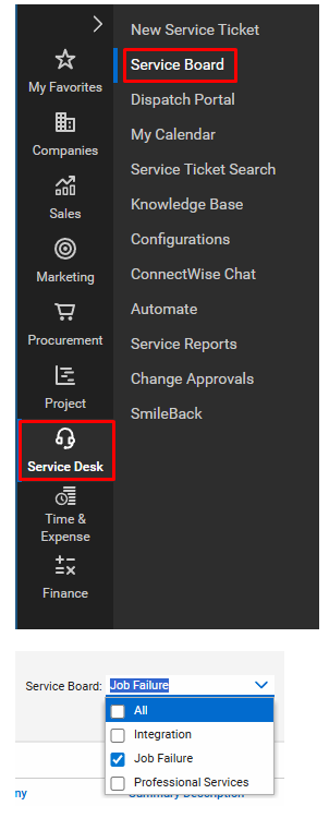 Service Board selection in ConnectWise