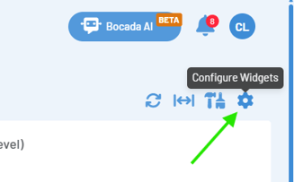 Click the gear icon in the top-right corner of the Dashboard to enable widget configuration